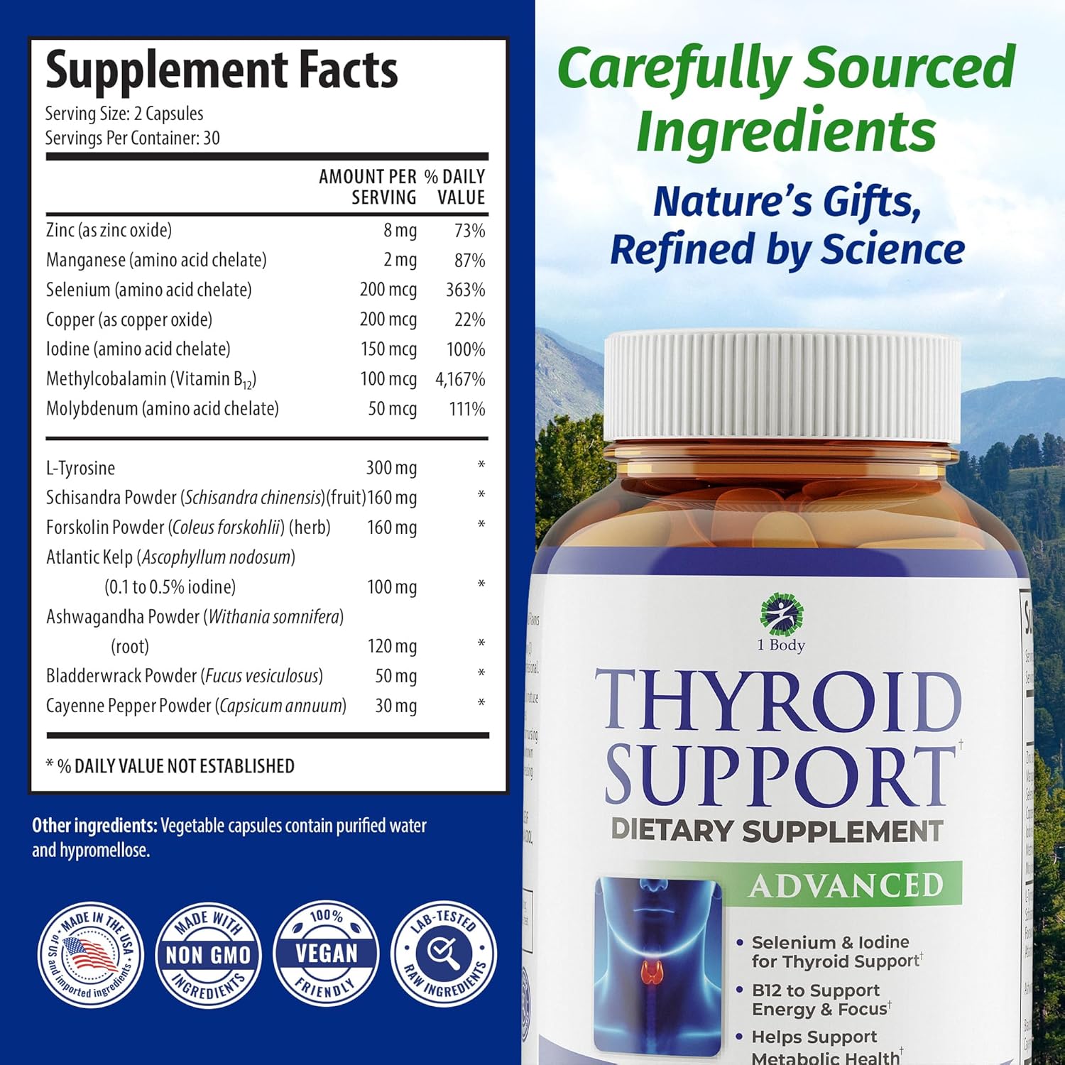 SOPORTE PARA TIROIDES 930 MG CON TIROSINA 300 MG 60 CAPSULAS VEGANO SIN GMO IBODY THYROID SUPPORT WITH TYROSINE