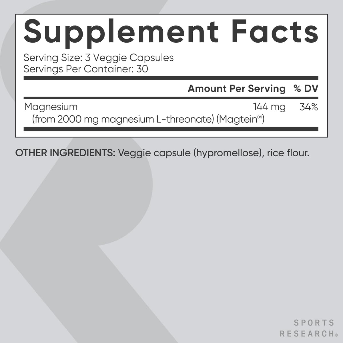 TREONATO DE MAGNESIO 2000 MG 90 CAPSULAS SIN GMO SPORTS RESEARCH