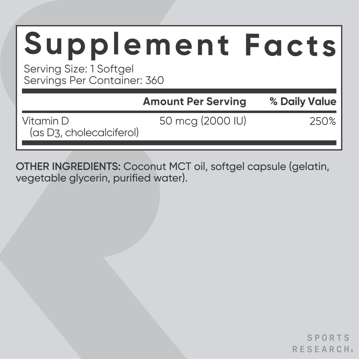 VITAMINA D3 2,000 IU 360 CAPSULAS BLANDAS SPORTS RESEARCH