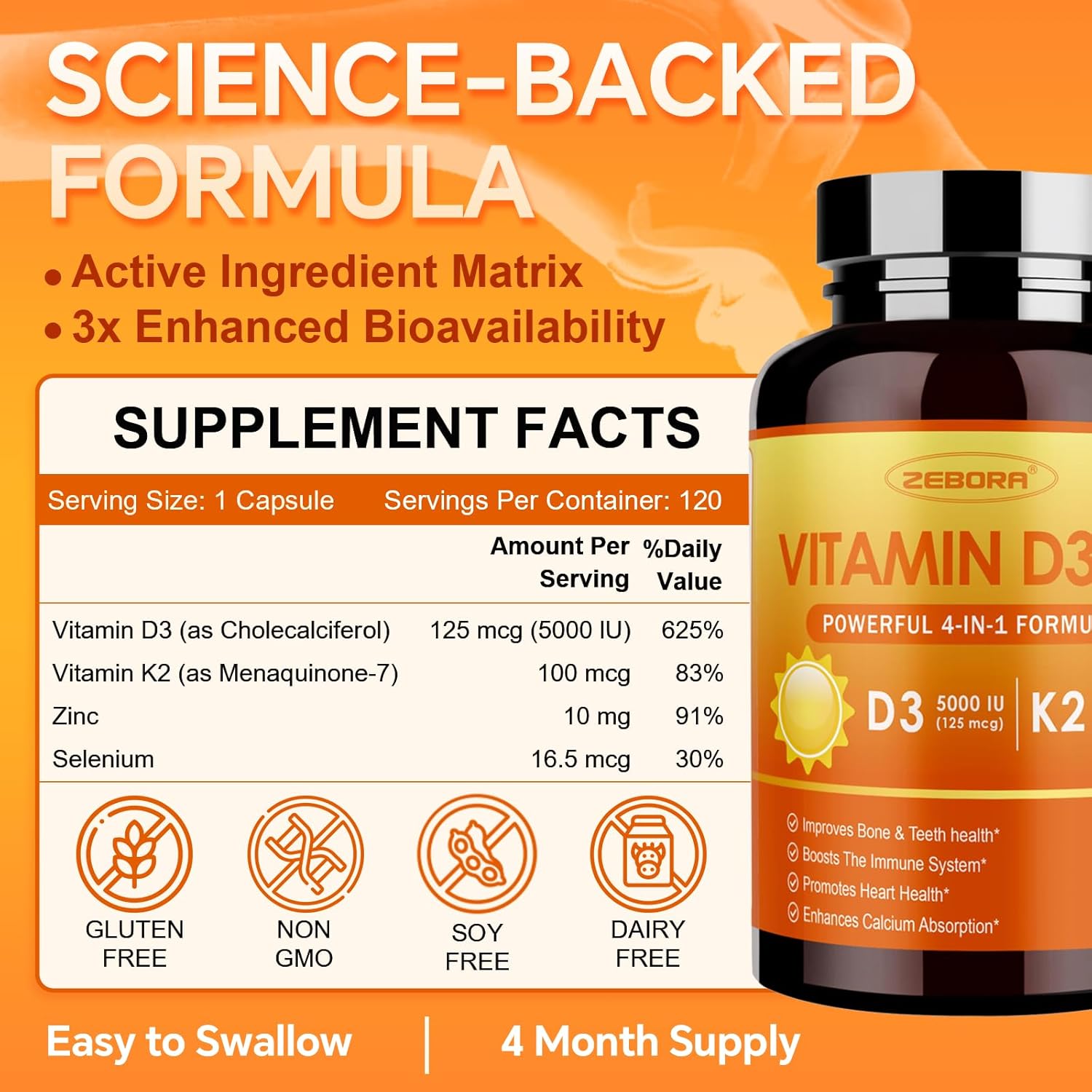 VITAMINA D3 K2 5,000 IU CON ZINC Y SELENIO ZEBORA 120 CAPSULAS SIN GMO