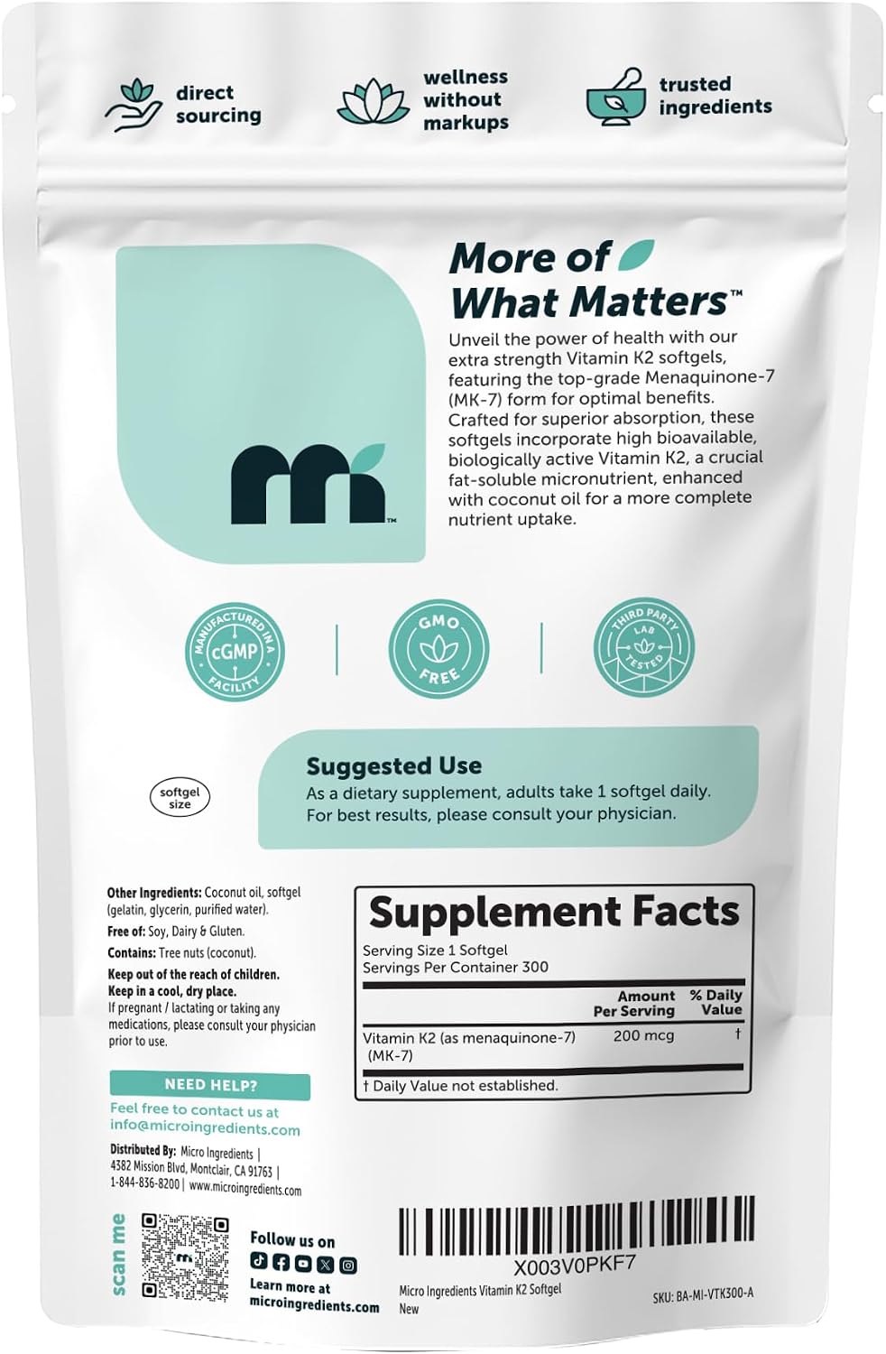 VITAMINA K2 MK7 200 MCG MICROINGREDIENTS 300 CAPSULAS BLANDAS NO GMO