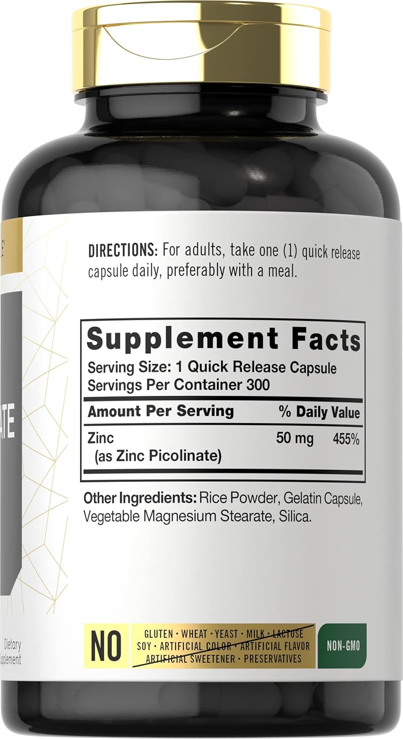 ZINC PICOLINATE PICOLINATO DE ZINC 50 MG 300 CAPSULAS SIN GMO CARLYLE