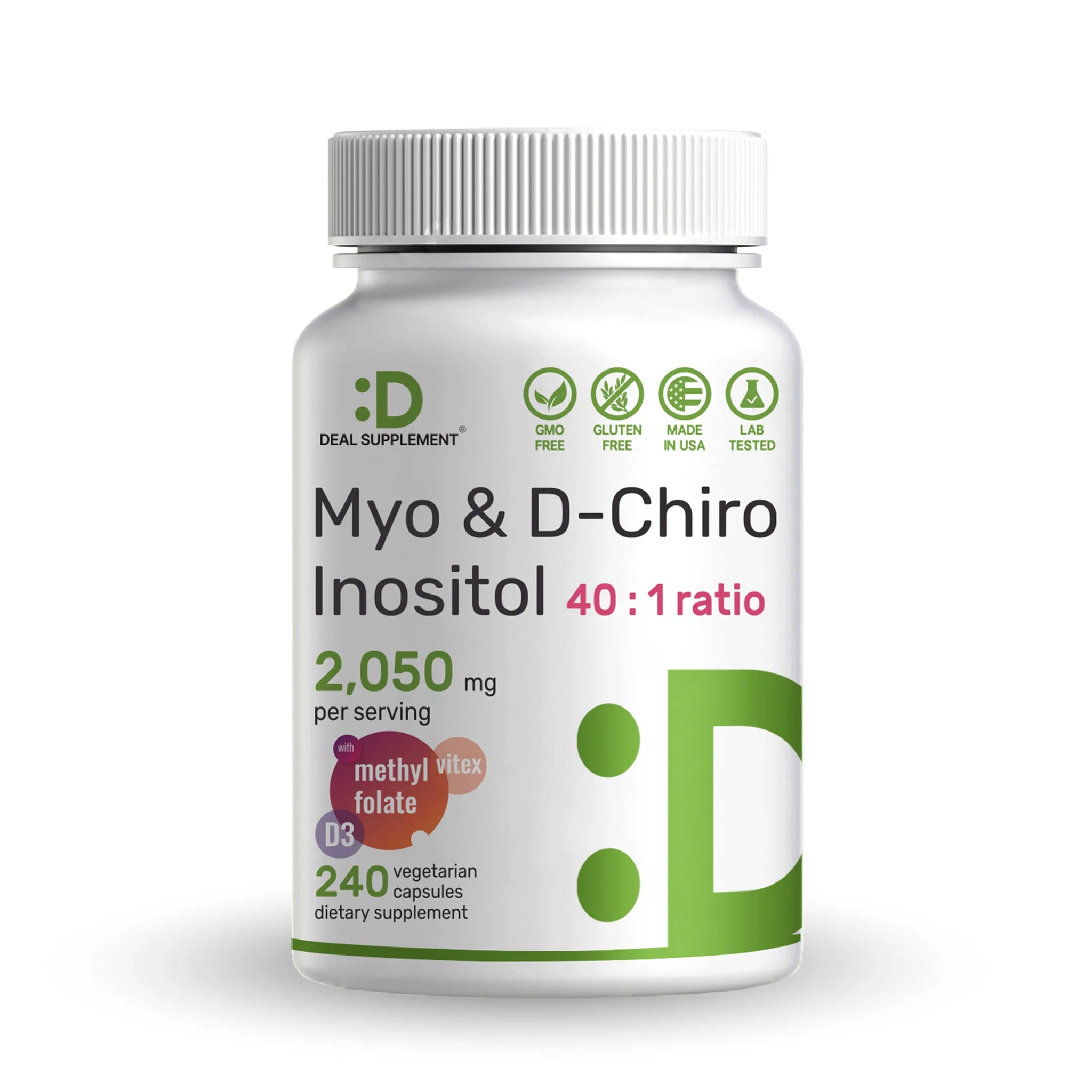 MYO DCHIRO INOSITOL 2050 MG CON FOLATE 680 MG Y VITAMINA D3 1000 IU 240 CAPSULAS SIN GMO DEAL SUPPLEMENTS