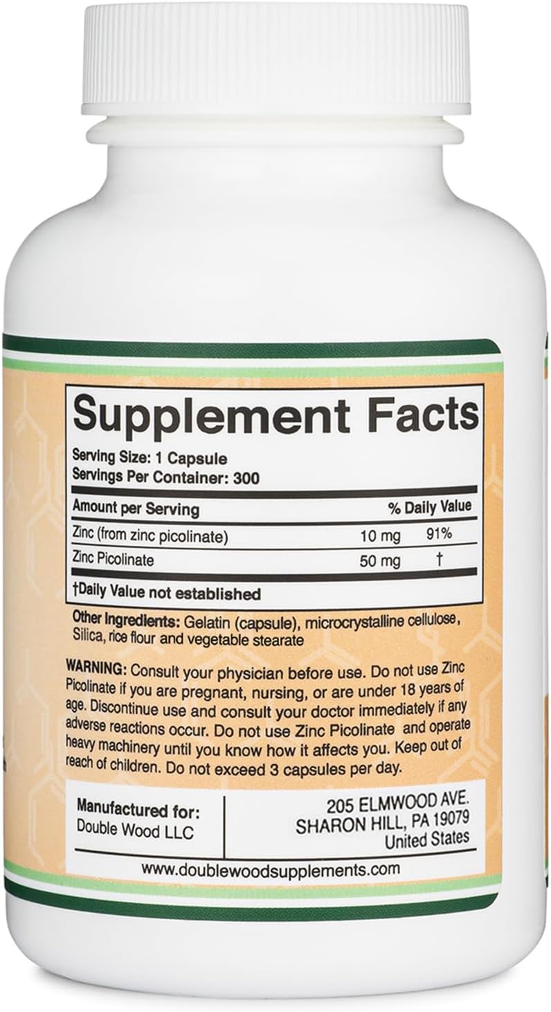 PICOLINATO DE ZINC 50 MG DOUBLE WOOD 300 CÁPSULAS NO GMO