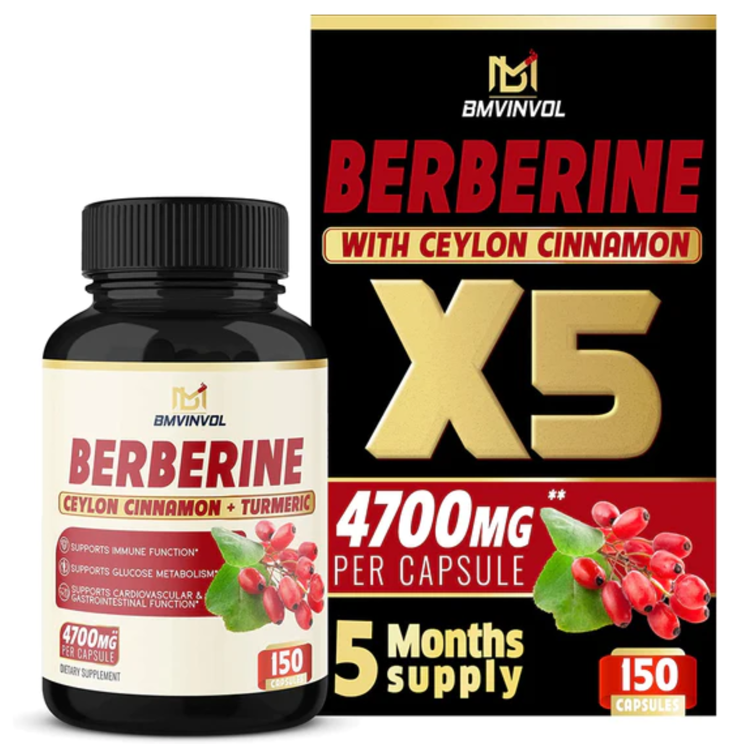 BERBERINA 3000 MG CON CURCUMA 500 MG Y HOJA DE ALCACHOFA 500 MG 150 CAPSULAS VEGANO BMVINVOL