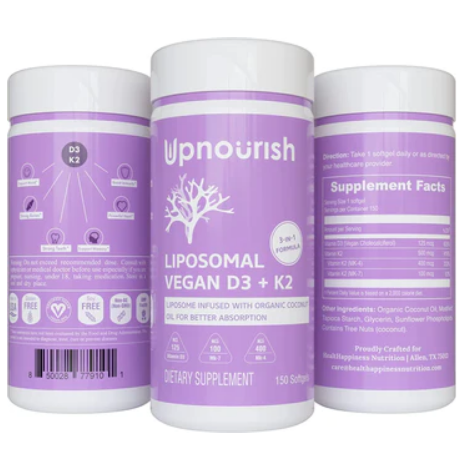 VITAMINA D3 +K2 LIPOSOMAL VEGANO 5,000 IU 150 CAPSULAS BLANDAS UPNOURISH