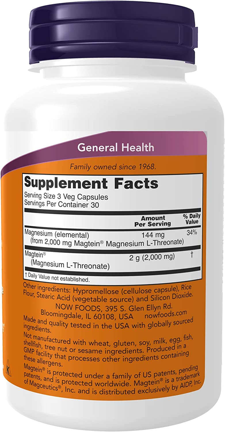 TREONATO DE MAGNESIO NOW 2000 MG 90 CAPSULAS VEGETALES VEGANO