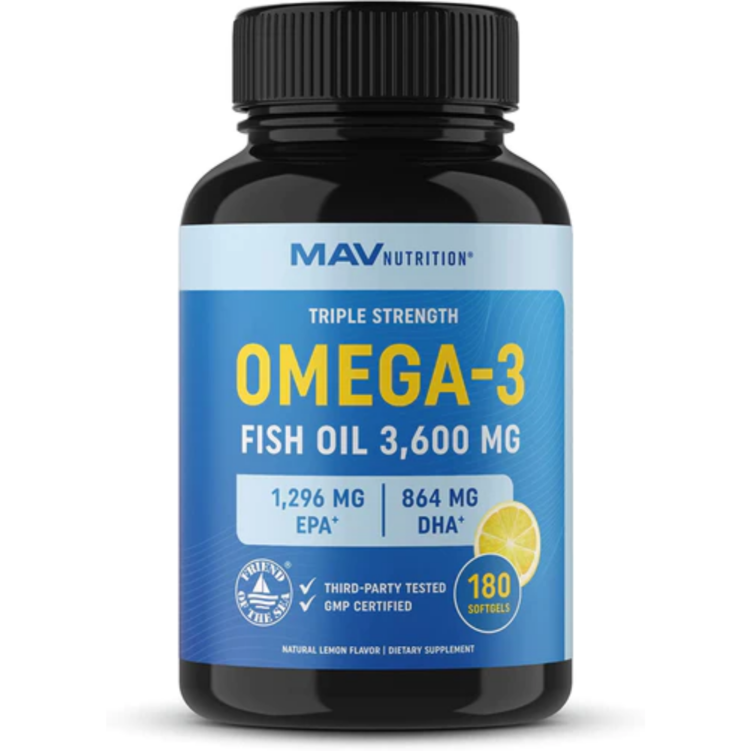 FISH OIL OMEGA 3 3,600 MG CON EPA 1296 MG Y DHA 864 MG 180 CAPSULAS BLANDAS MAV NUTRITION