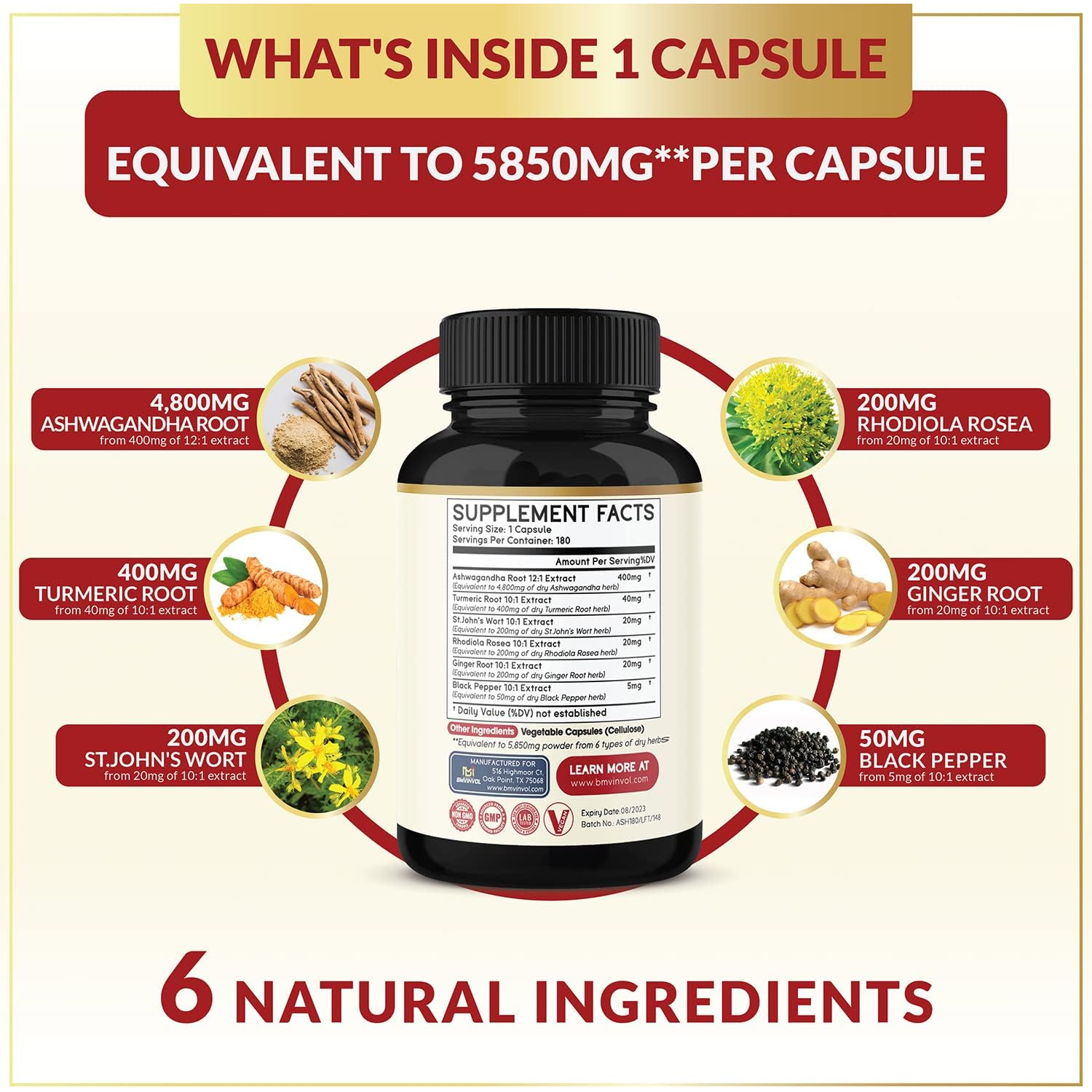 ASHWAGANDHA 4800 MG + CÚRCUMA 400 MG + RODIOLA ROSEA 200 MG 180 CAPSULAS BMVINVOL