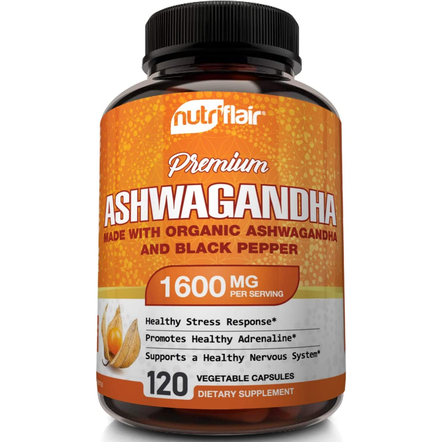 ASHWAGANDHA 1600 MG + EXTRACTO DE PIMIENTA NEGRA ORGANICA 10 MG 120 CAPSULAS SIN GMO NUTRIFLAIR
