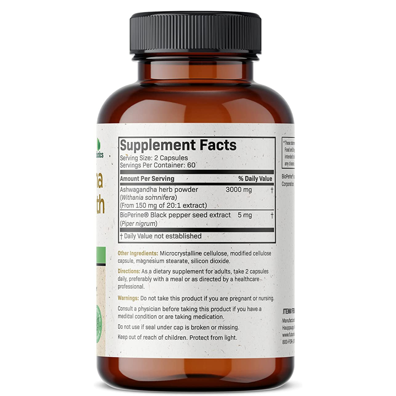 ASHWAGANDHA EXTRA FUERTE 3,000 MG + PIMIENTA NEGRA 5 MG 120 CASPULAS VEGANO FUTUREBIOTICS