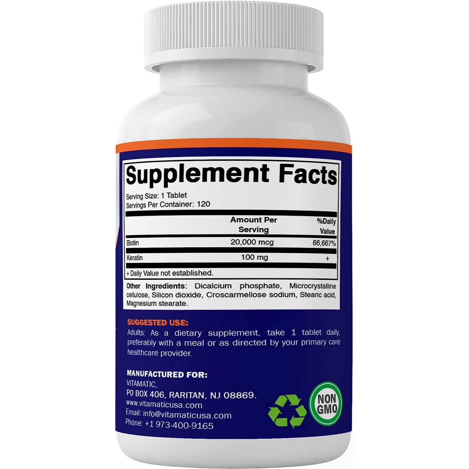 BIOTINA 20000 MCG CON KERATINA 100 MG 120 TABLETAS SIN GMO VITAMATIC