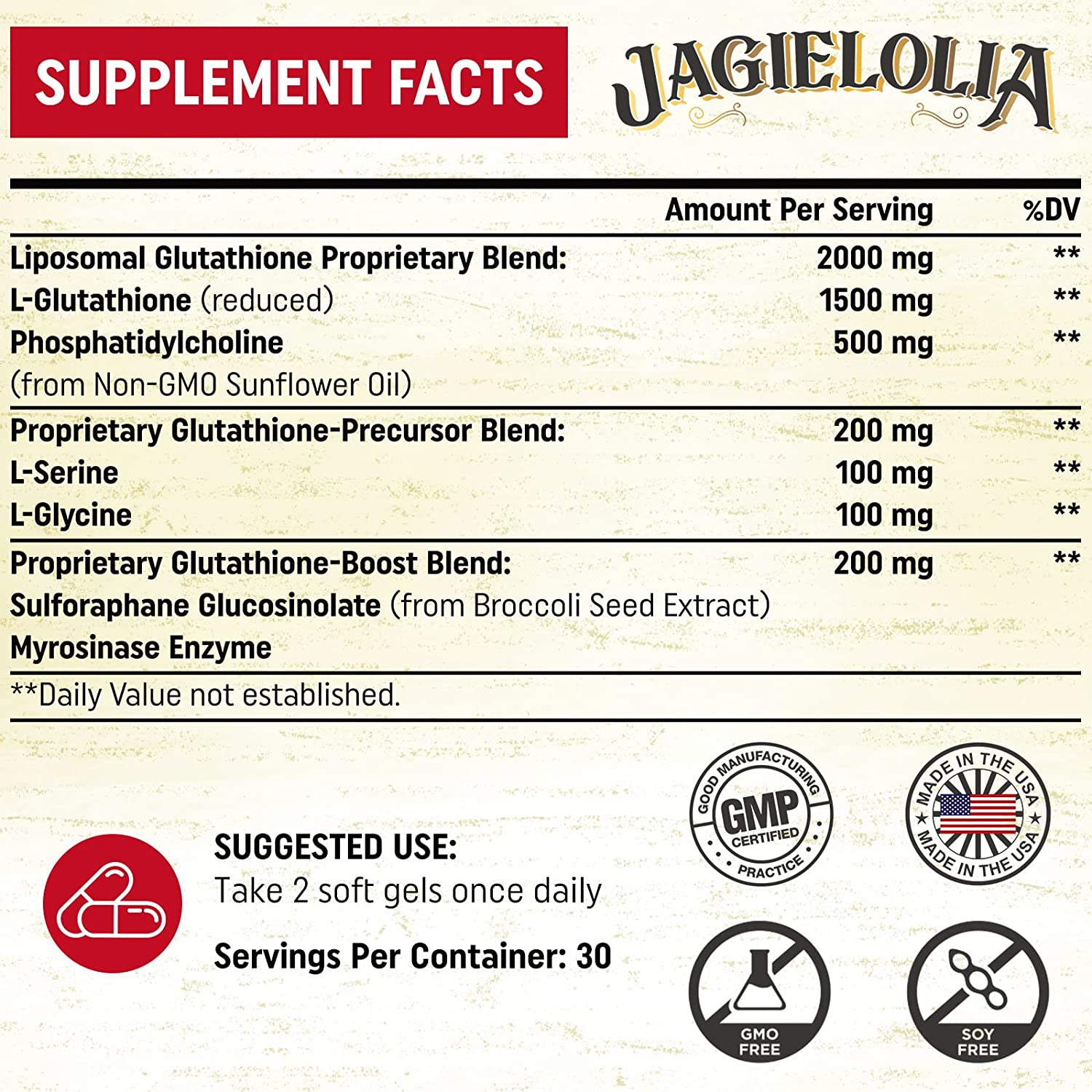 LIPOSOMAL GLUTATHIONE GLUTATIÓN LIPOSÓMICA 2000MG 60 CAPSULAS BLANDAS SIN GMO JAGIELOLIA