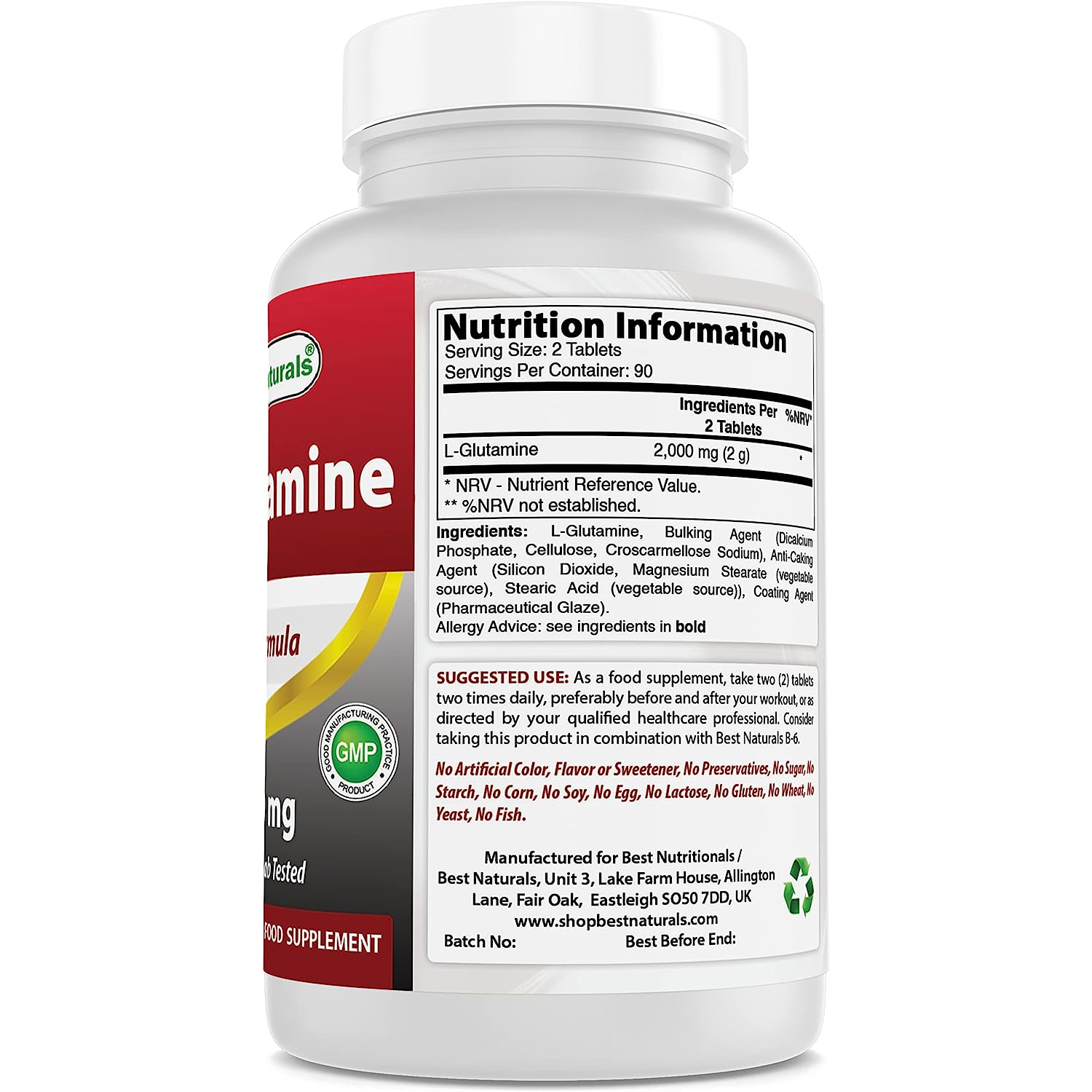 GLUTAMINA 1,000 MG 180 TABLETAS BEST NATURALS GLUTAMINE