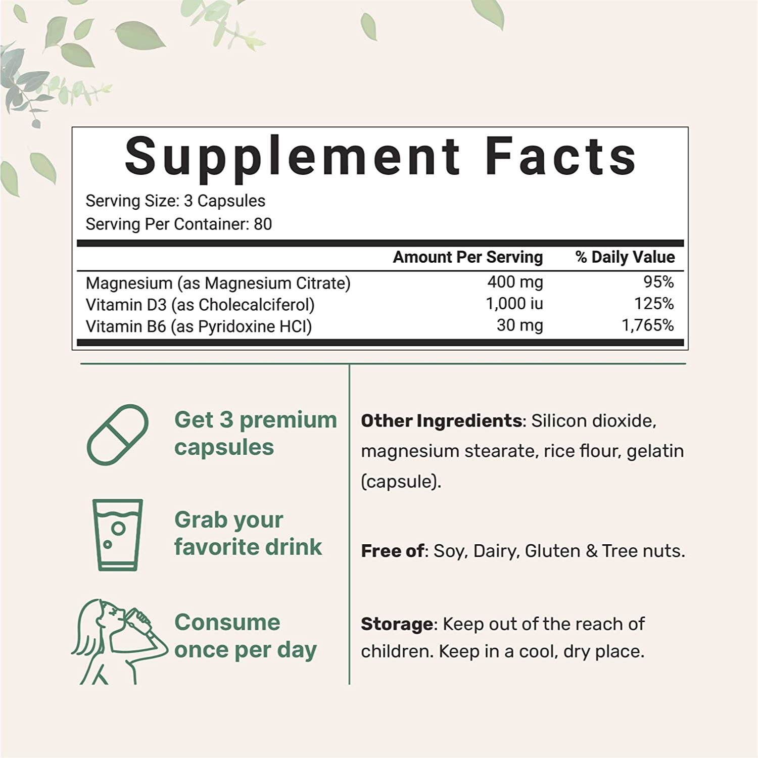 CITRATO DE MAGNESIO 400 MG CON VITAMINA D3 1000 IU Y VITAMINA B6 30 MG MICROINGREDIENTS 240 CAPSULAS SIN GMO