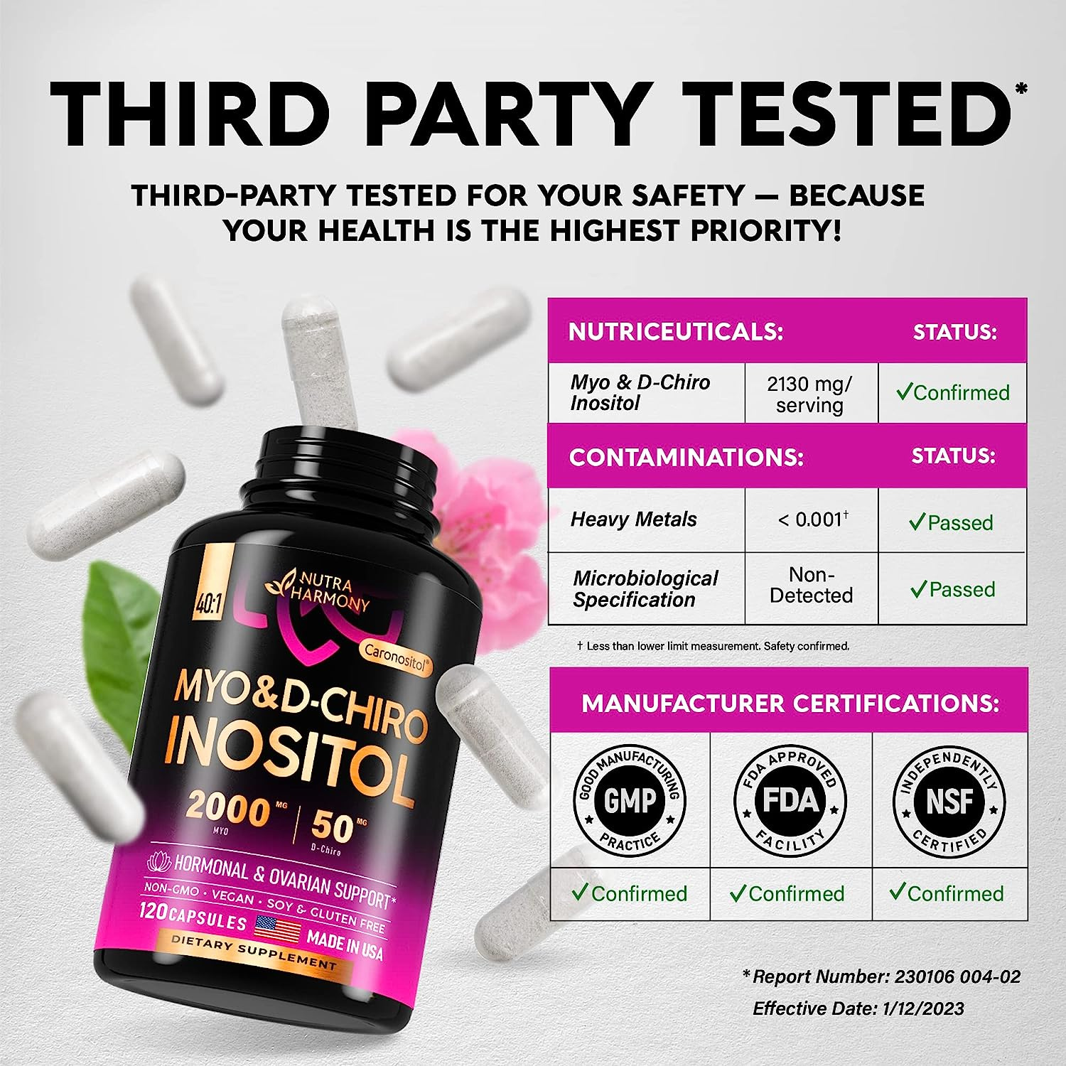 MYO DCHIRO INOSITOL 2050 MG 120 CAPSULAS SIN GMO VEGANO NUTRA HARMONY
