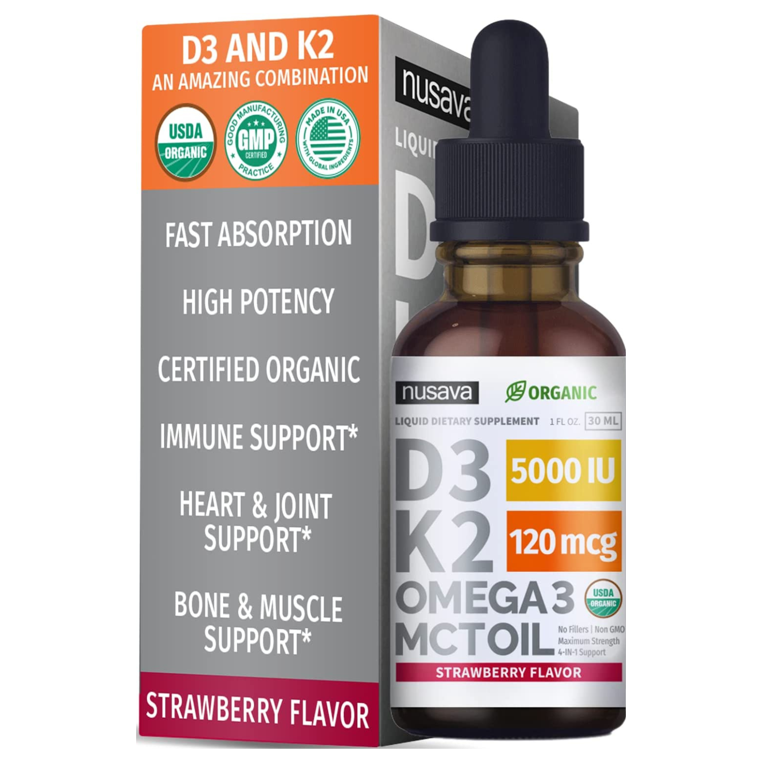 VITAMINA D3 125 MCG K2 120 MCG + OMEGA 3 250 MCG 5,000 IU 30 ML SIN GMO NUSAVA
