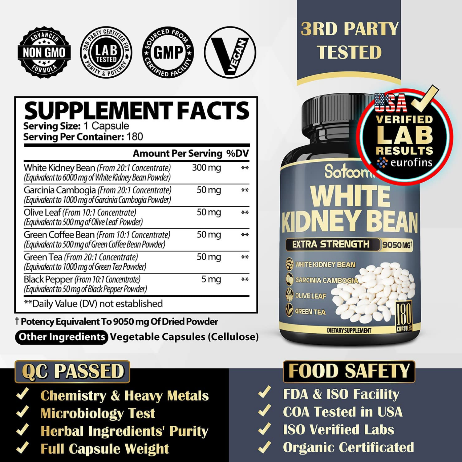 WHITE KIDNEY BEAN BLOQUEADOR DE CARBOHIDRATOS 6000 MG + GARCINIA CAMBOGIA 1000 MG + TE VERDE 1000 MG 180 CAPSULAS SIN GMO VEGANO SATOOMI