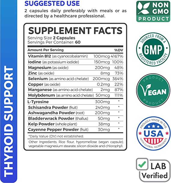 SOPORTE PARA TIROIDES 868 MG CON TIROSINA 300 GMG Y SCHISANDRA 240 MG 120 CAPSULAS VEGANO HEALTHS HARMONY