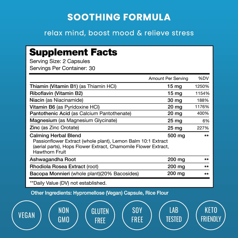 CALMSENSE 1,250 MG (VITAMINA B1 15 MG CON VITAMINA B2 15 MG CON VITAMINA B6 30 MG + MAGNESIO 25 MG) 60 CAPSULAS VEGANO SIN GMO NUTRA CHAMPS