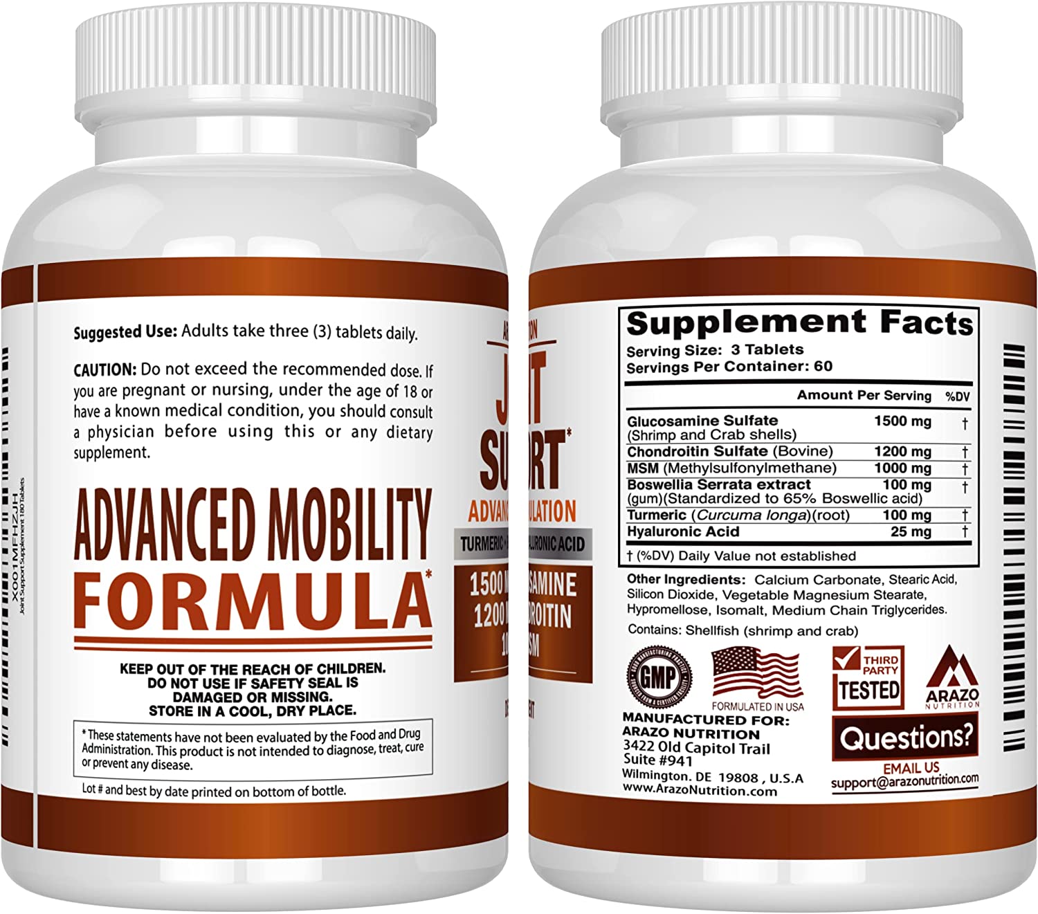 GLUCOSAMINA CONDROITINA 3,700 MG MSM 180 TABLETAS ARAZO NUTRITION
