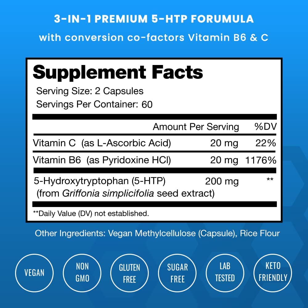 5-HTP 200 MG 120 CAPSULAS CON VITAMINA B6 20 MG Y VITAMINA C 20 MG NO GMO VEGANO NUTRA CHAMPS