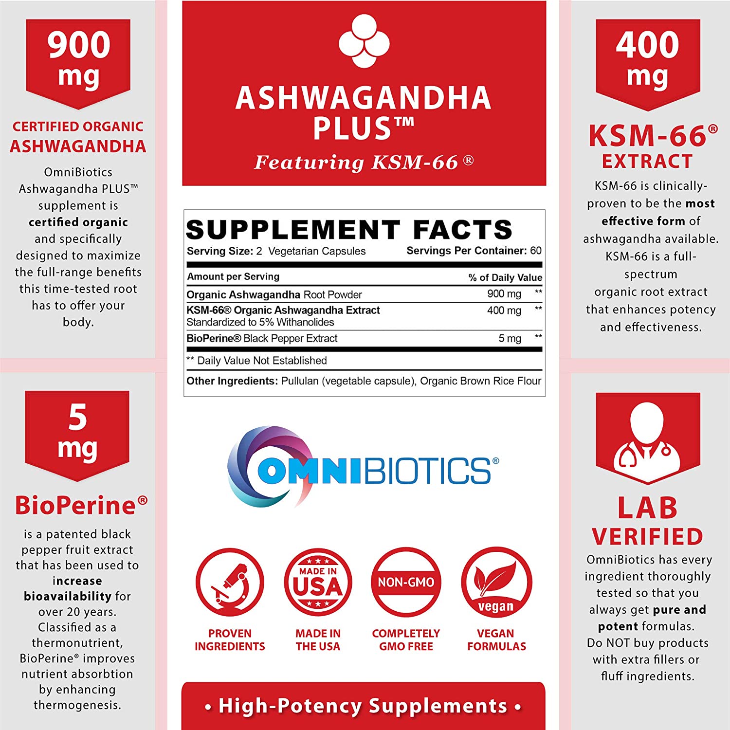 ASHWAGANDHA 1,305 MG + BIOPERINA EXTRACTO DE PIMIENTA NEGRA 5 MG 120 CAPSULAS VEGANO OMNIBIOTICS