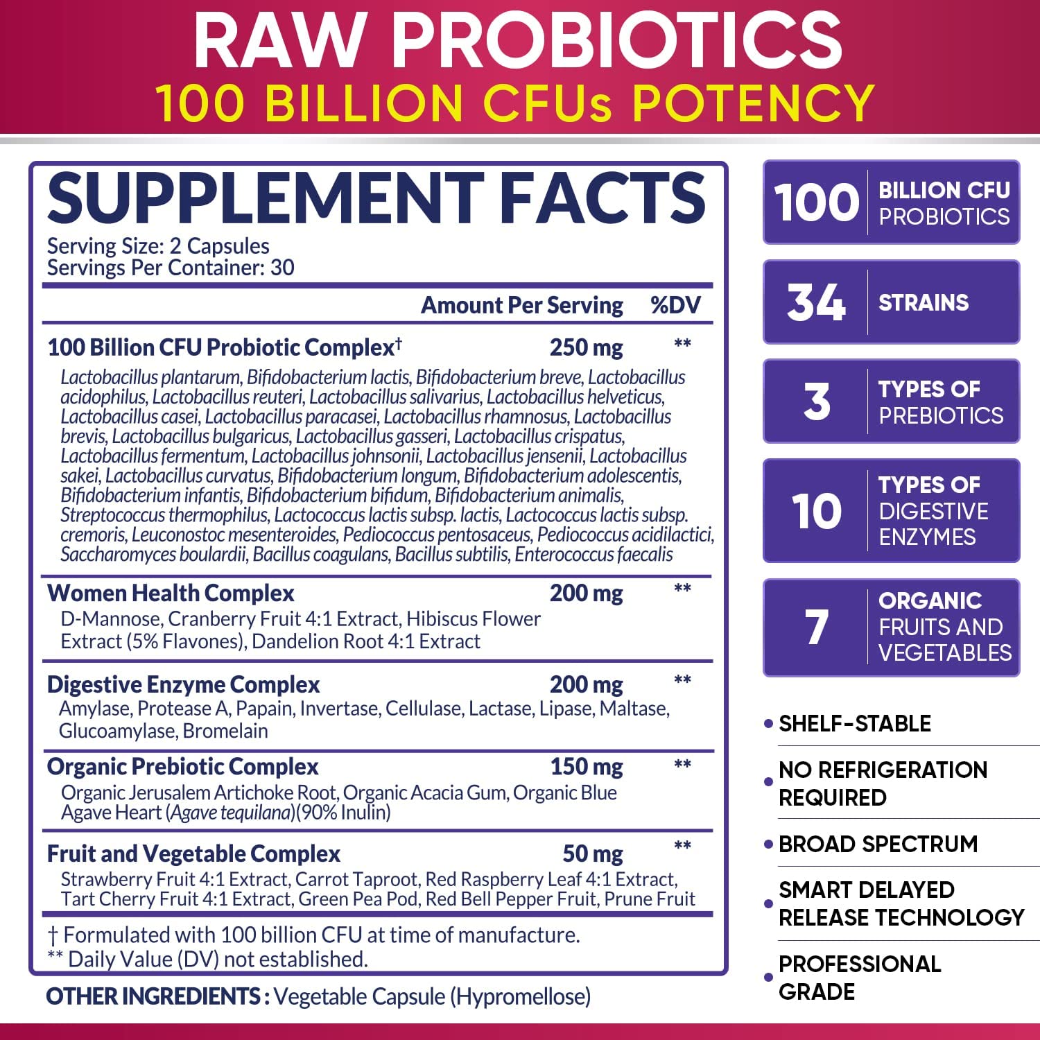 PROBIOTICOS Y PREBIOTICOS PARA MUJERES 34 CEPAS 100 BILLONES CFU 60 CAPSULAS VEGETALES WHOLESOME WELLNESS