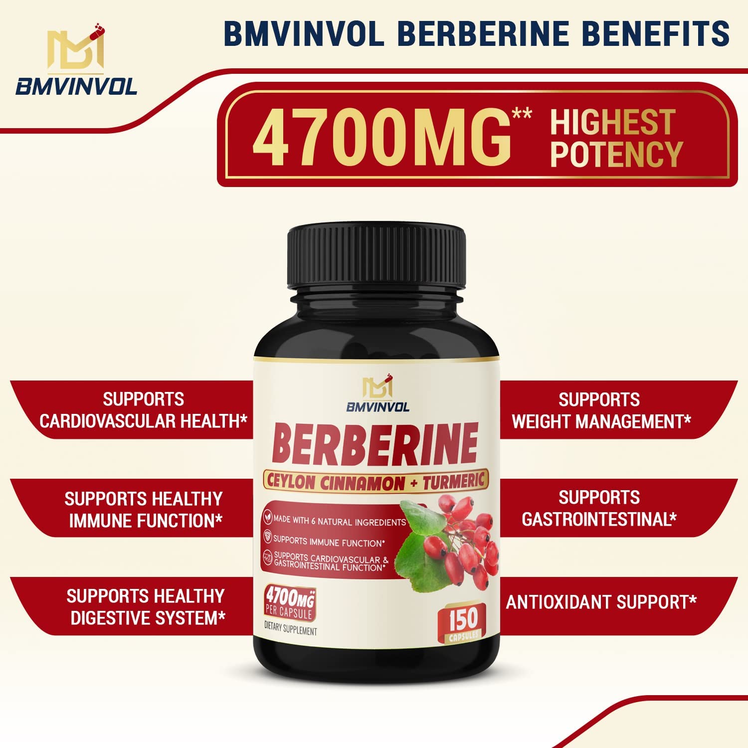 BERBERINA 3000 MG CON CURCUMA 500 MG Y HOJA DE ALCACHOFA 500 MG 150 CAPSULAS VEGANO BMVINVOL