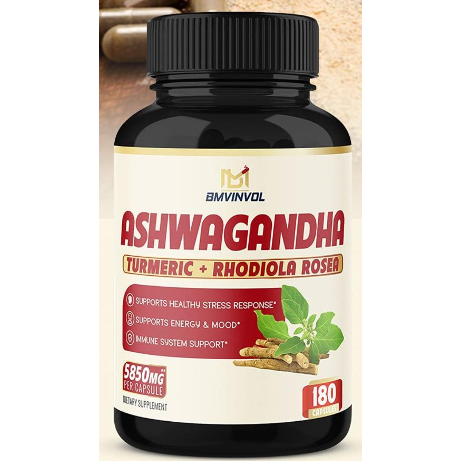 ASHWAGANDHA 4800 MG + CÚRCUMA 400 MG + RODIOLA ROSEA 200 MG 180 CAPSULAS BMVINVOL