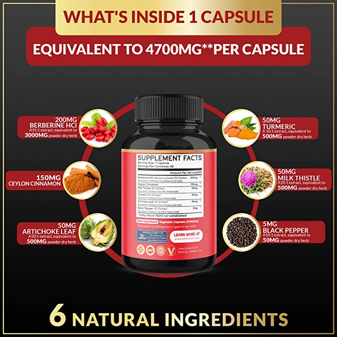 BERBERINA ROJA 3000 MG CON HOJA DE ALCACHOFA 500 MG Y CARDO MARIANO (MILK THISTLE) 500 MG 150 MG 60 CAPSULAS VEGANO BMVINVOL