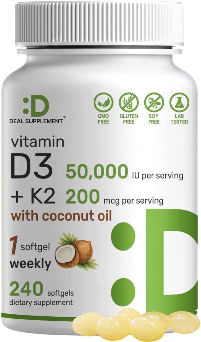 VITAMINA D3 K2 CON ACEITE DE COCO  DEAL 50000IU 200 MCG 240 CÁPSULAS BLANDAS NO GMO DEAL COCONUT OIL