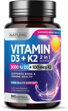 VITAMINA D3 + K2  5000 IU 100 MCG BUILT BY NATURE 360 CAPSULAS BLANDAS NO GMO