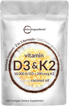 VITAMINA D3 + K2 10000 IU D3 200 MCG K2 CON ACEITE DE COCO 300 CAPSULAS BLANDAS SIN GMO MICROINGREDIENTS