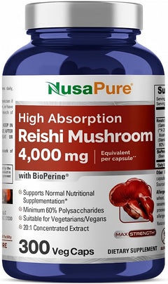 HONGO REISHI 4000 MG 300 CÁPSULAS VEGANO NO GMO NUSAPURE