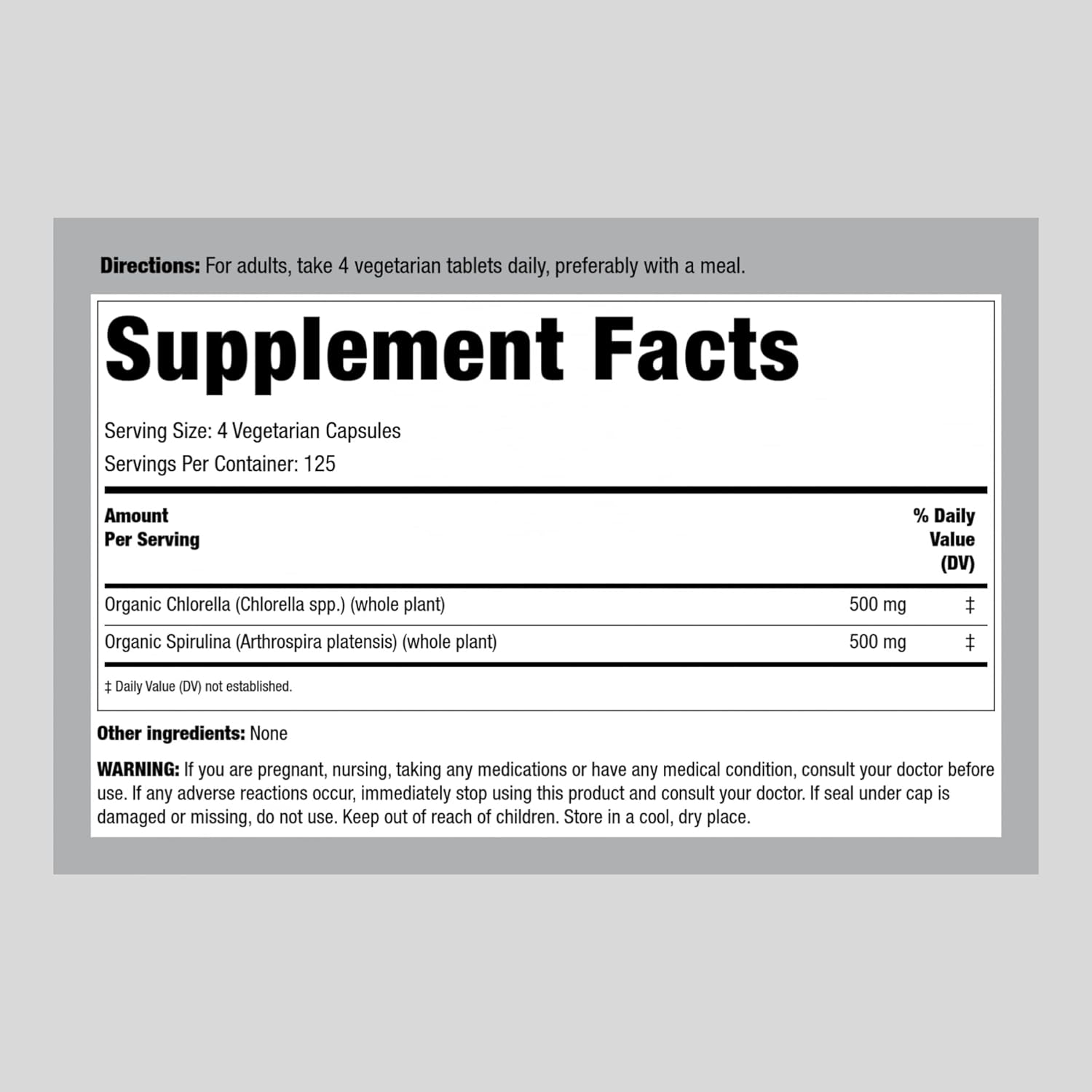CLORELLA ESPIRULINA ORGANICA 1000 MG 500 TABLETAS SIN GMO PIPINGROCK