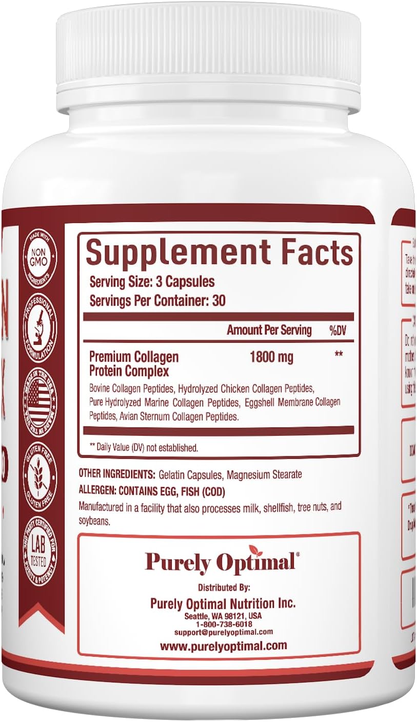 COLÁGENO HIDROLIZADO COMPLEX 5 TIPOS 1800 MG 90 CÁPSULAS  NO GMO PURELY OPTIMAL