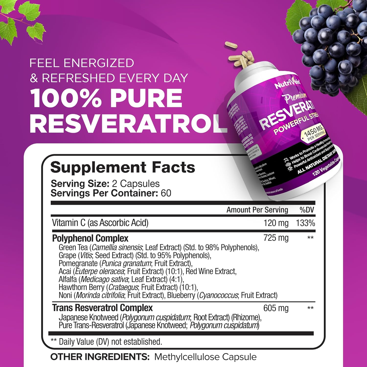RESVERATROL TRANS 1450 MG 120 CAPSULAS SIN GMO NUTRIVEIN