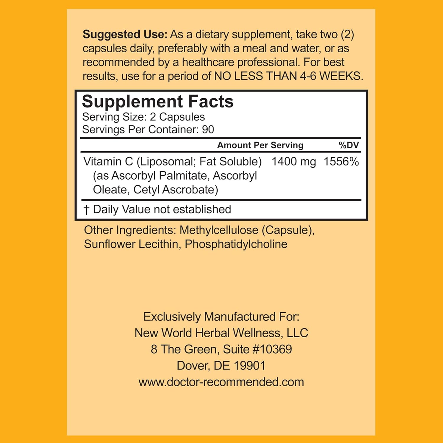 VITAMINA C LIPOSOMAL 1400 MG DOCTOR RECOMMENDED SUPPLEMENTS 180 CAPSULAS VEGETALES
