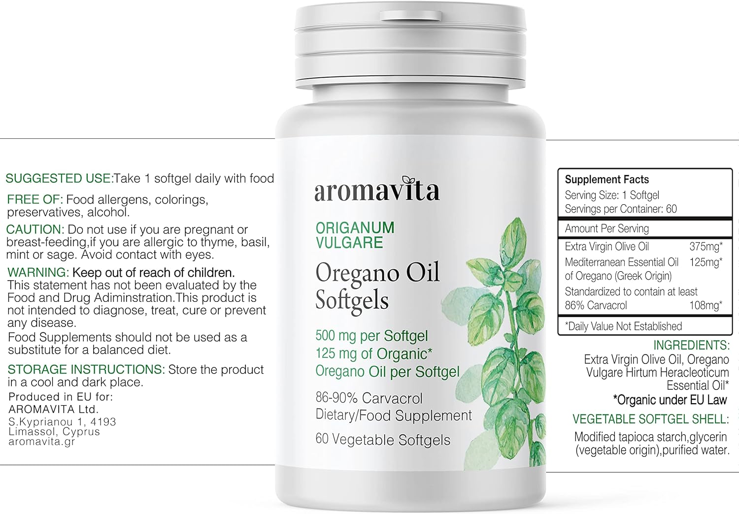 ACEITE DE OREGANO 500 MG  60 CAPSULAS BLANDAS VEGETALES SIN GMO AROMAVITA