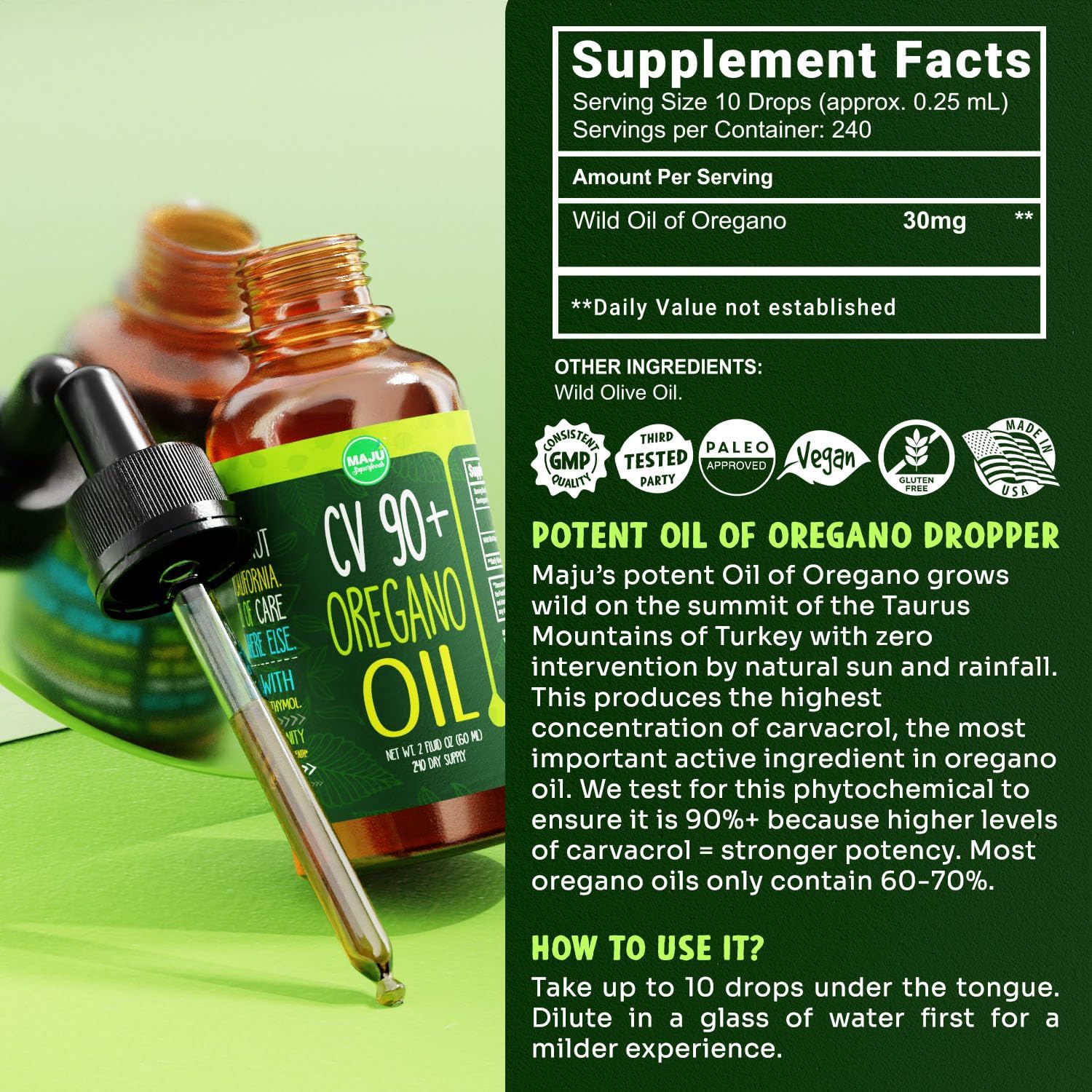 ACEITE DE OREGANO 90% CARVACOL 2% THYMOL 30 MG 60 ML MAJU SUPERFOODS