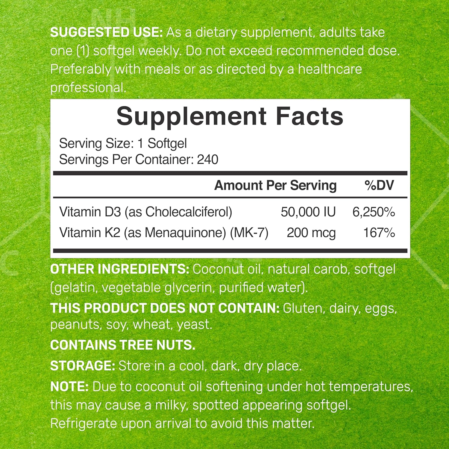 VITAMINA D3 K2 CON ACEITE DE COCO  DEAL 50000IU 200 MCG 240 CÁPSULAS BLANDAS NO GMO DEAL COCONUT OIL