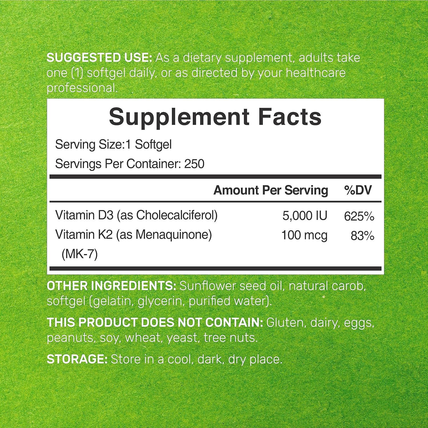 VITAMINA D3 K2 DEAL 5,000 IU 250 CAPSULAS BLANDAS SIN GMO