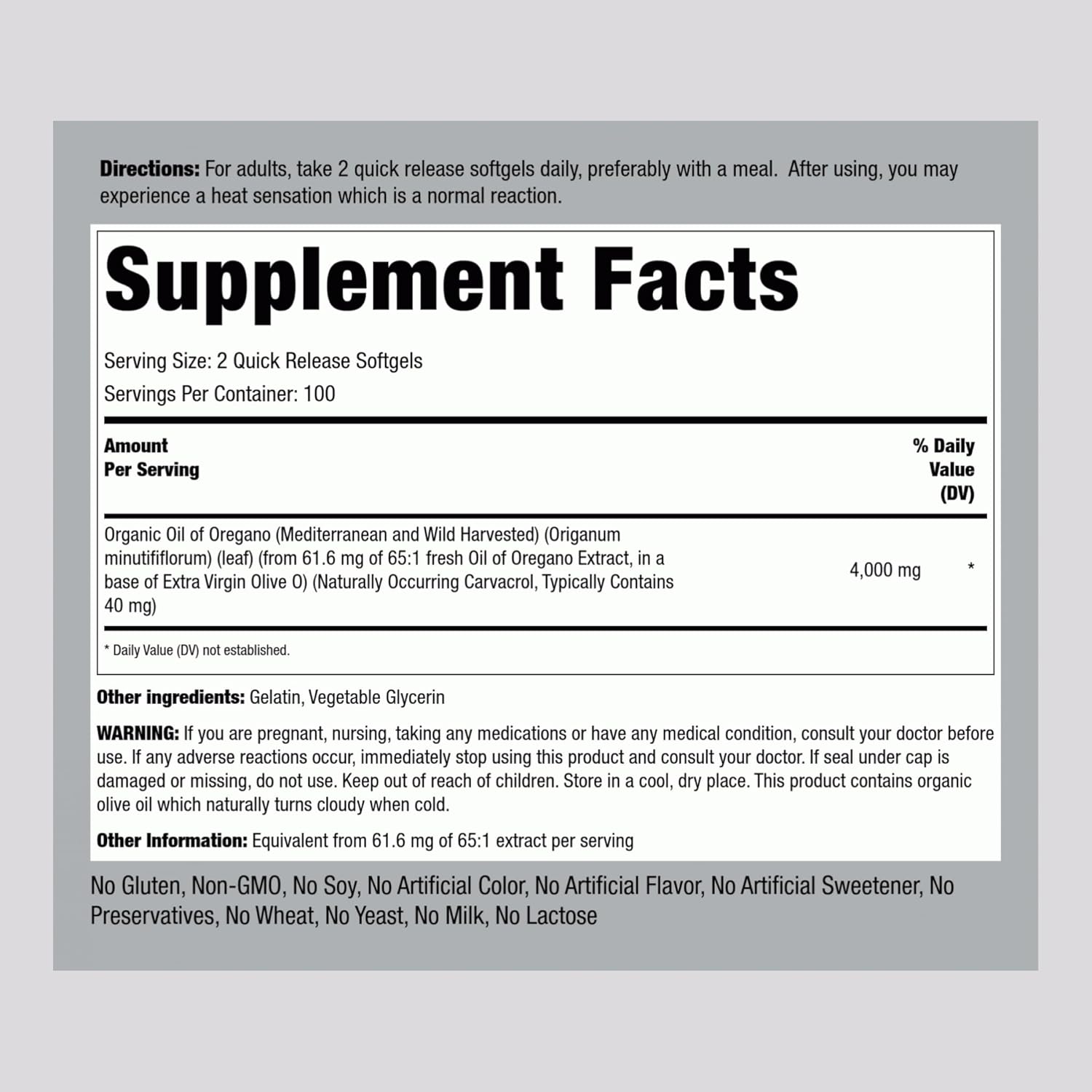 ACEITE DE OREGANO 4000 MG 200 CAPSULAS BLANDAS NO GMO PIPING ROCK