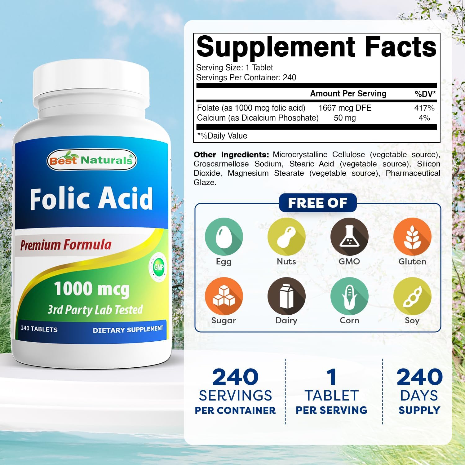 ACIDO FOLICO 1,000 MCG BEST NATURALS 240 TABLETAS SIN GMO
