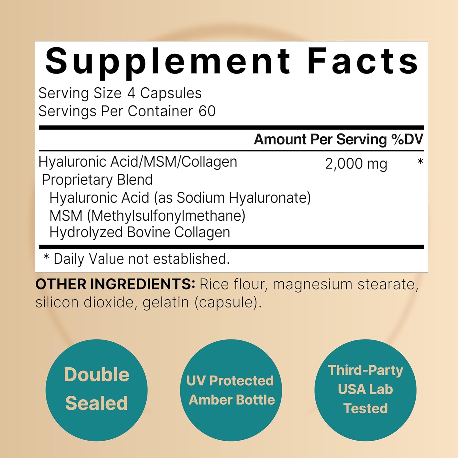 ÁCIDO HIALURONICO  2000 MG HYALURONIC ACID CON MULTICOLÁGENO Y MSM 240 CAPSULAS SIN GMO NATUREBELL