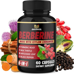 BERBERINA NEGRA 3000 MG CON CUCUMA 500 MG Y CARDO MARIANO (MILK THISTLE) 500 MG + PIMIENTA NEGRA 50 MG + HOJA DE ALCACHOFA 500 MG + CANELA DE CEILAN 150 MG 60 CAPSULAS VEGANO BMVINVOL
