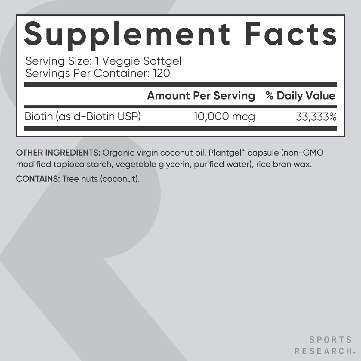 BIOTINA 10,000 MCG 120 CAPSULAS BLANDAS SIN GMO SPORTS RESEARCH