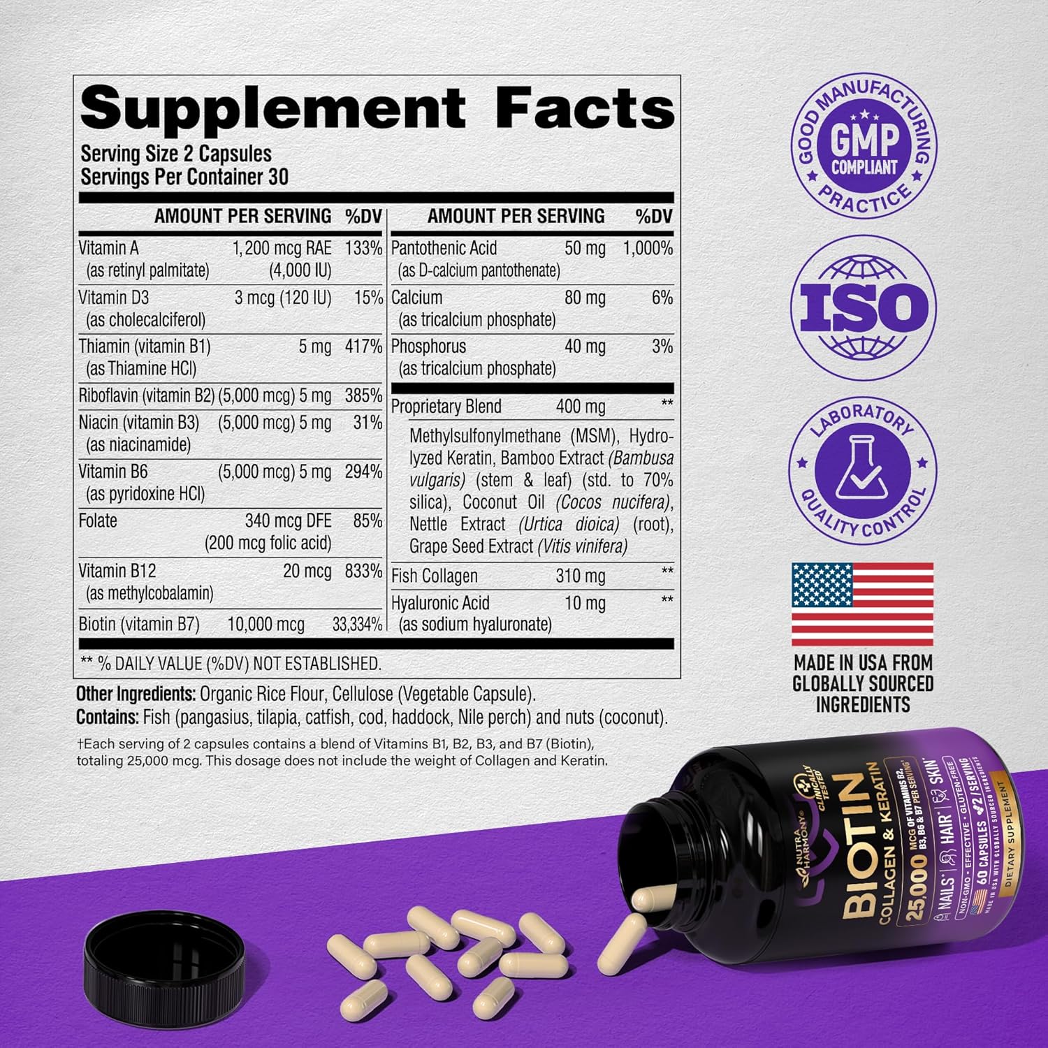 BIOTINA COLAGENO Y KERATINA  25000 MCG 60 CAPSULAS SIN GMO VEGANO NUTRA HARMONY