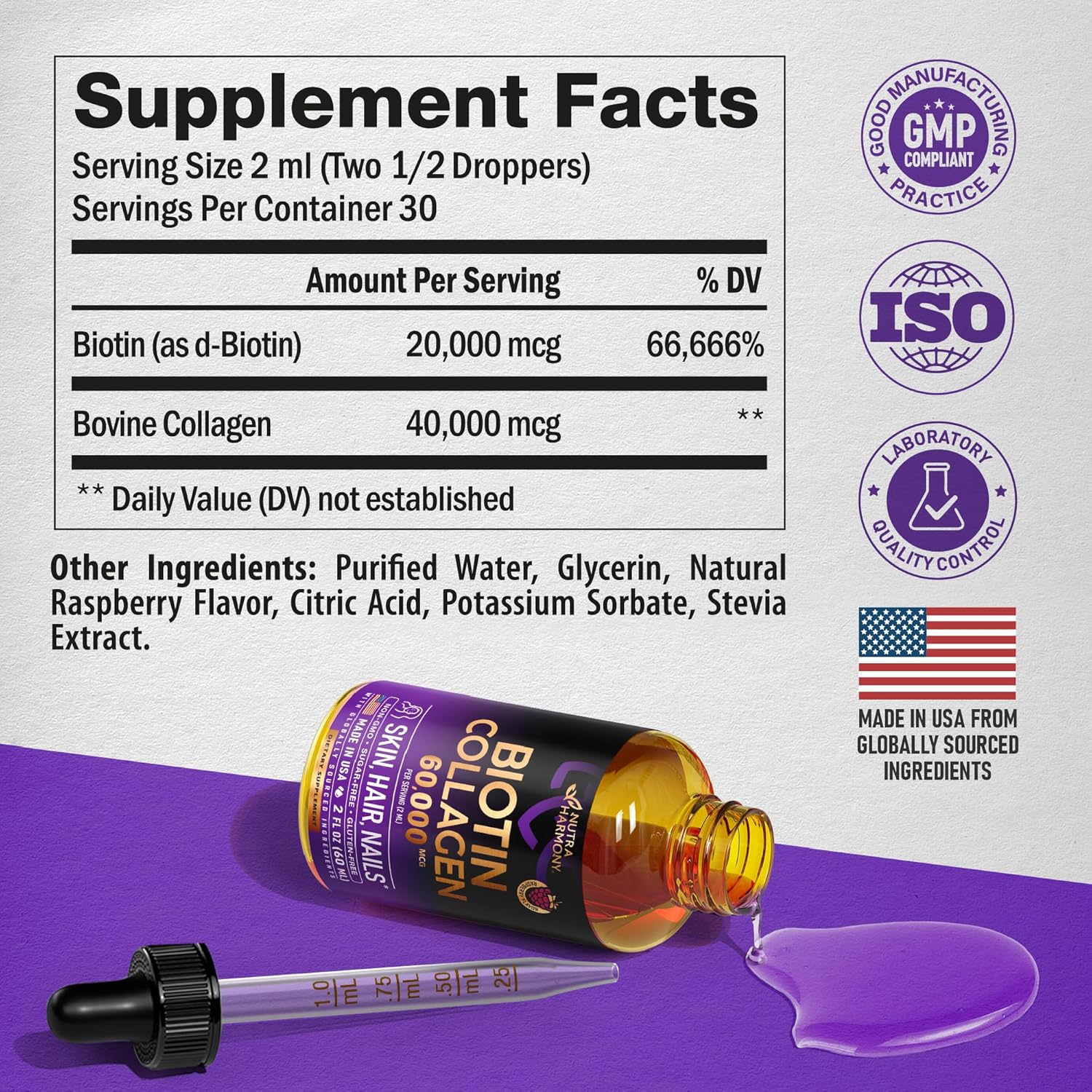 BIOTINA Y COLAGENO 60,000 MCG 60 ML SIN GMO NUTRA HARMONY